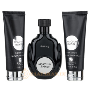 (plu00056) - Set Cadou Masculin Leather Eau de Parfum 100ml + Gel De Dus 100ml + Lotiune de corp 100ml, Riiffs